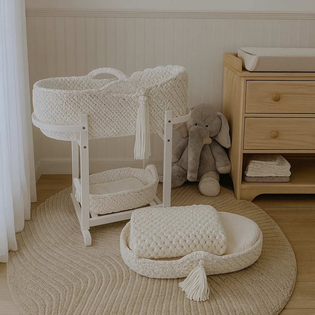 Ensemble complet macramé blanc - Couffin 80x40, paniers et couverture laine